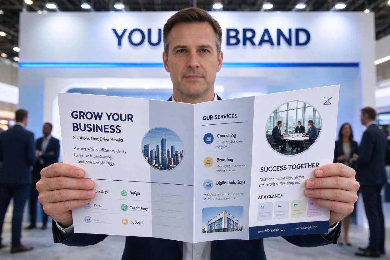 A person holding an open tri-fold brochure at a trade show booth, made with Pixazo AI