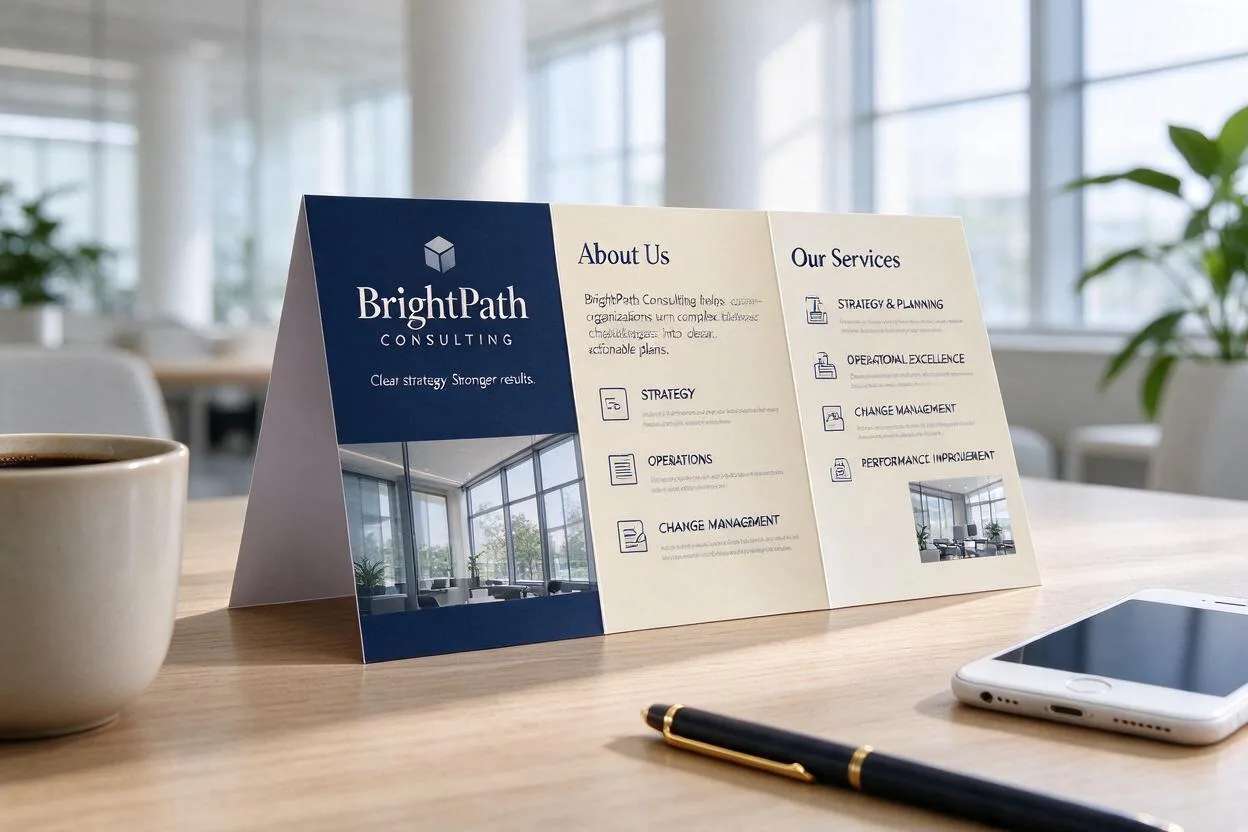 A finished tri-fold brochure open on a desk, made with Pixazo AI