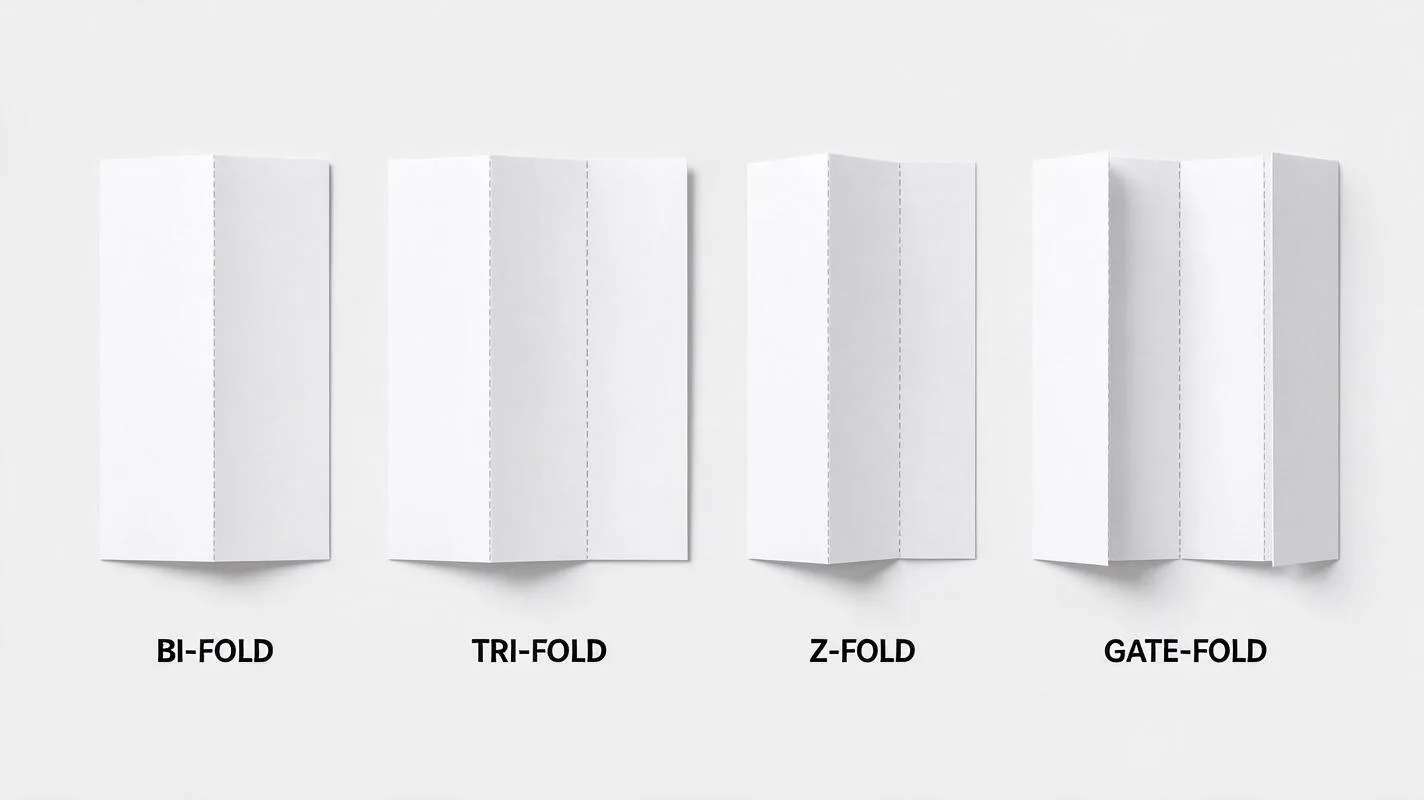 Bi-fold, tri-fold, Z-fold and gate-fold brochure paper folds compared, made with Pixazo AI