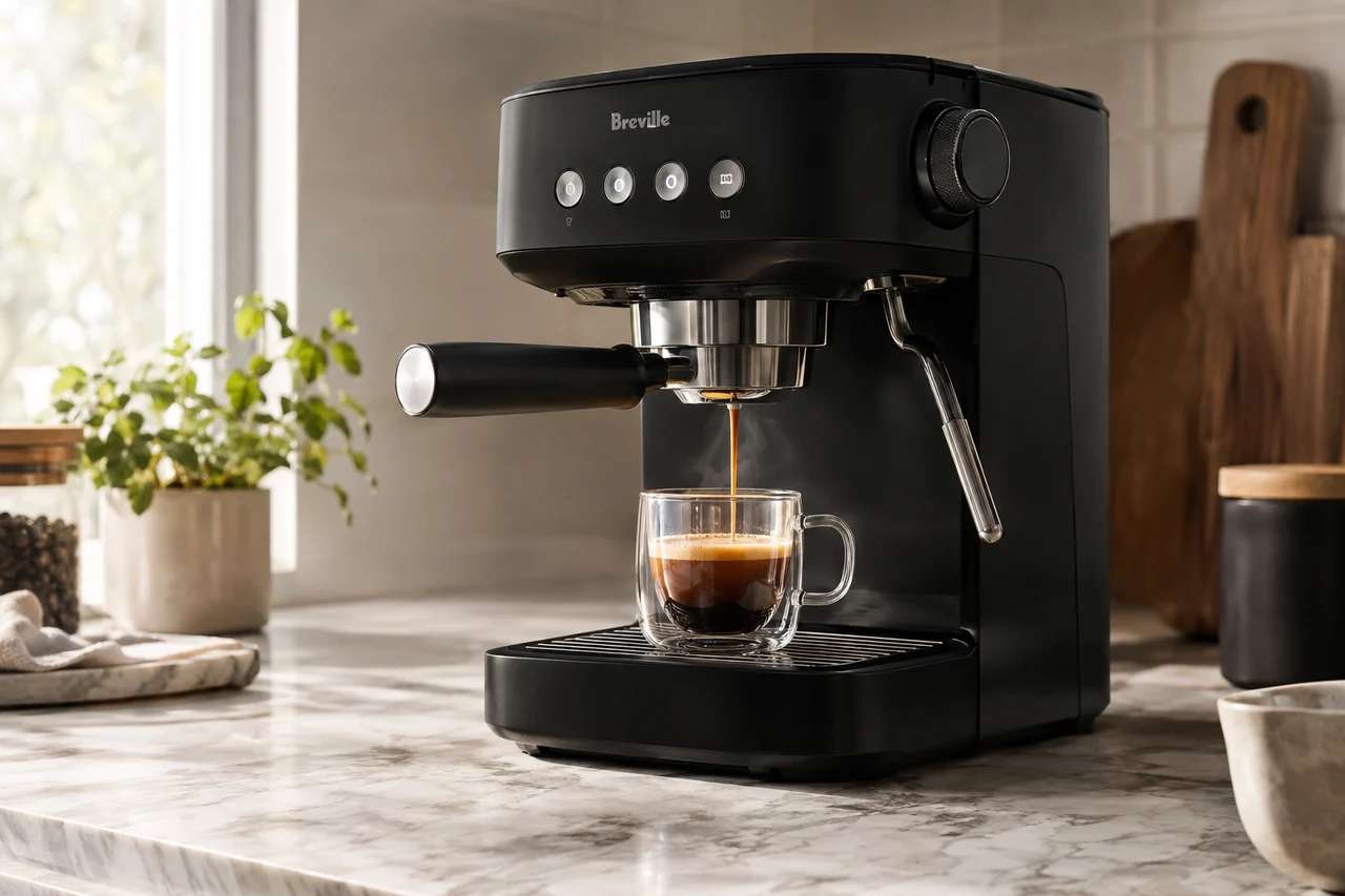 A photorealistic product shot of a matte-black espresso machine generated by the GPT Image 2.5 API