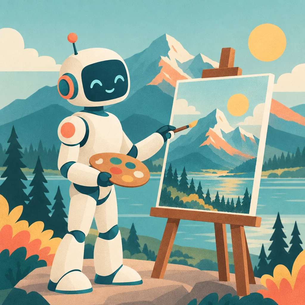 A flat vector illustration of a robot painting a landscape, generated by the GPT Image 2.5 API