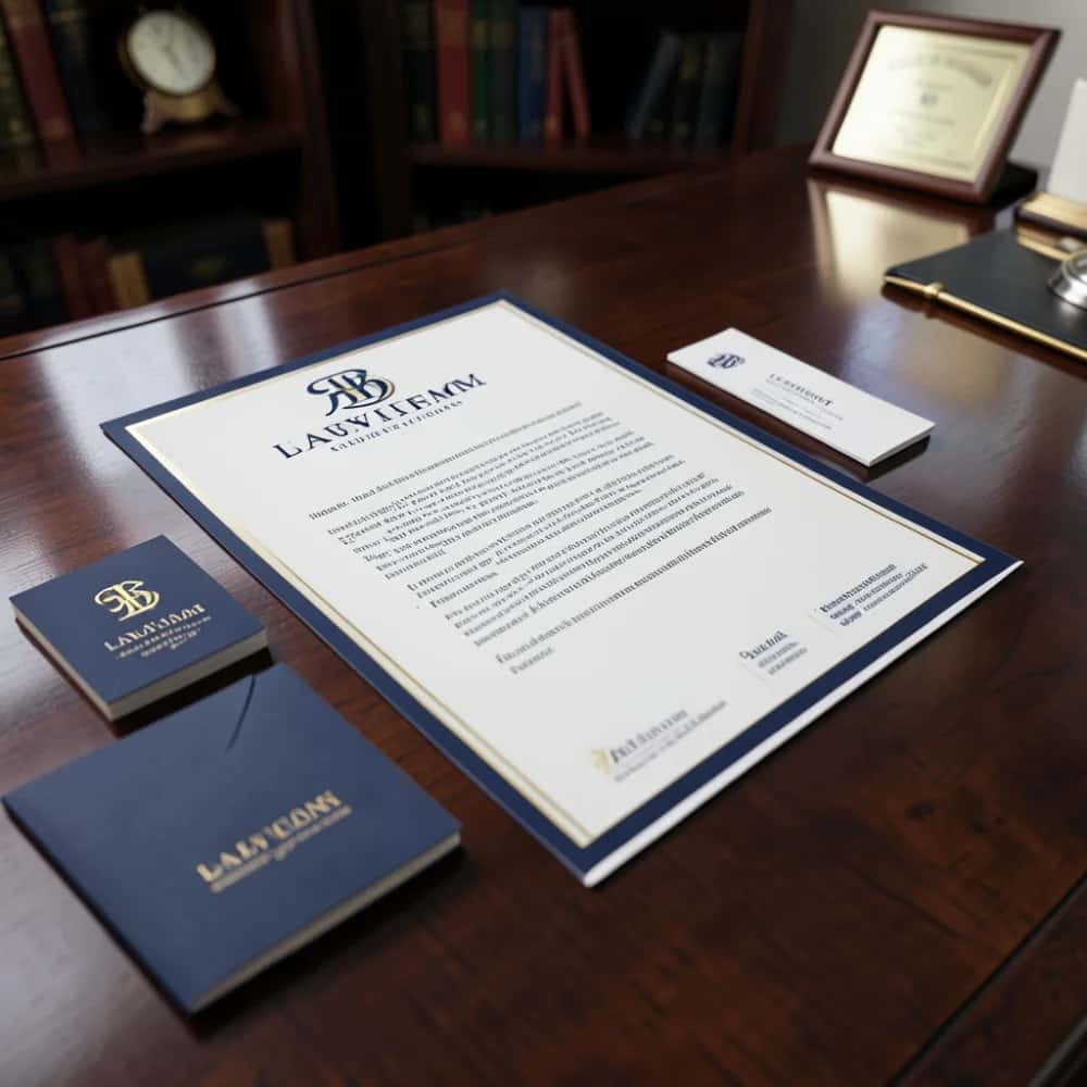 An elegant law firm letterhead design example in navy and gold