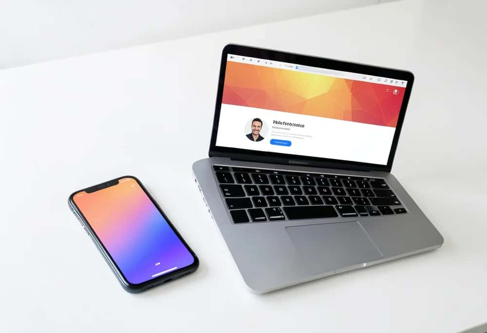 The same LinkedIn profile banner shown on a laptop and a phone