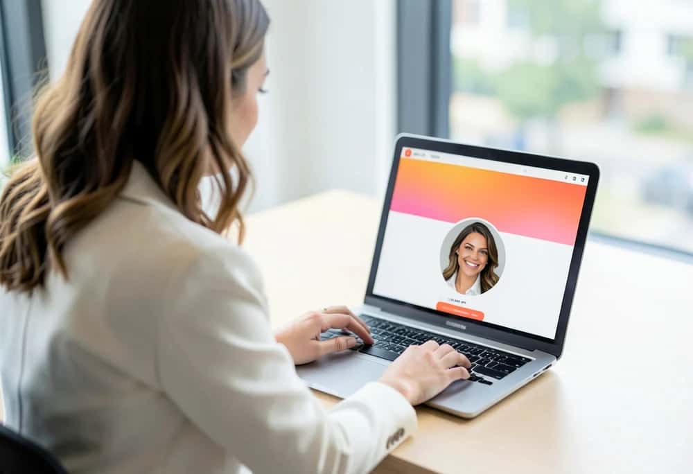 A professional updating a LinkedIn profile banner on a laptop