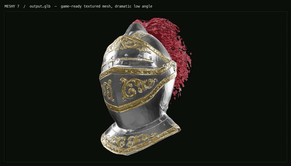 Real Meshy 7 GLB output of a knight helmet from a dramatic low angle