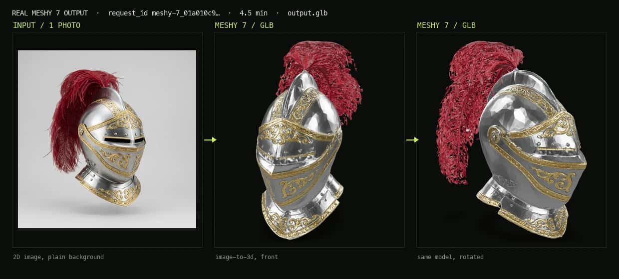Real Meshy 7 image to 3D output: a knight helmet photo reconstructed into a textured GLB, shown from two angles