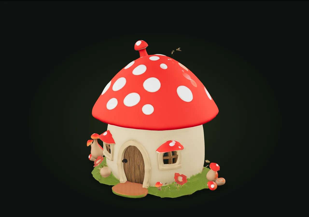A whimsical mushroom house 3D model generated with the Meshy 7.1 API