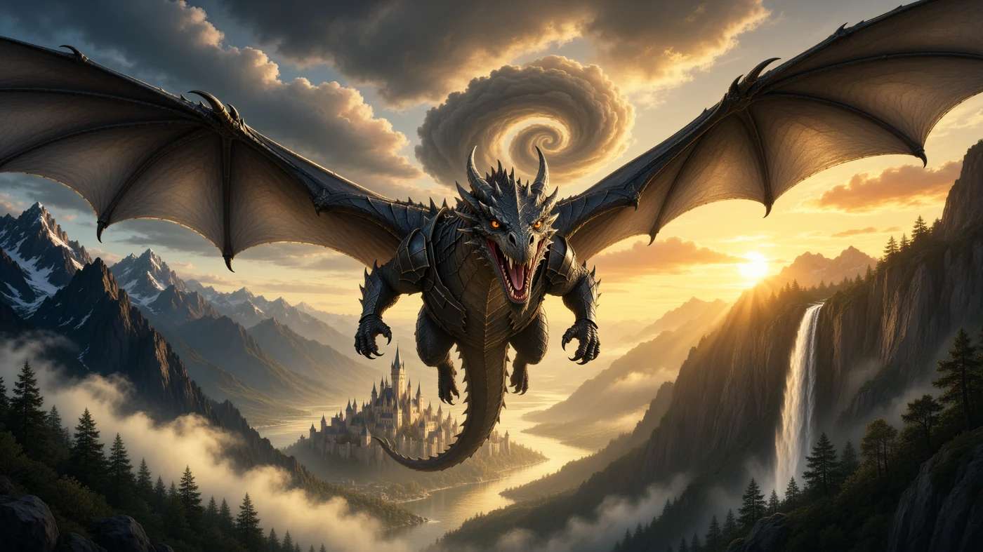 Cinematic epic fantasy dragon soaring over a misty castle valley at sunset, generated with the Ming Image API