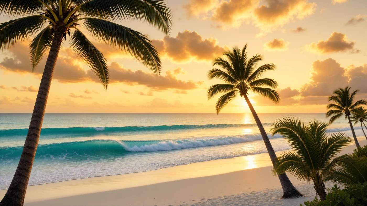 Cinematic tropical beach at golden hour with palm trees and turquoise waves, generated with the Ming Image API
