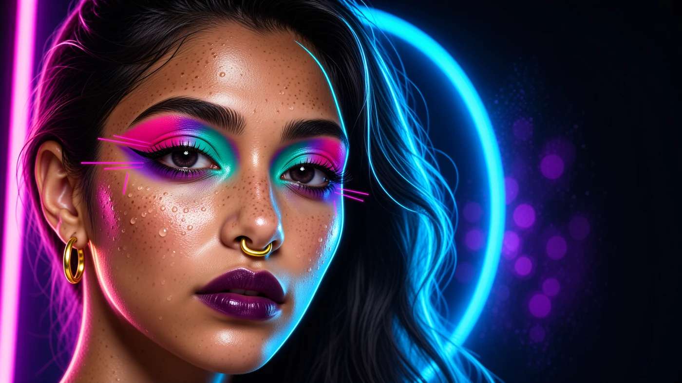 Cinematic editorial beauty portrait of a woman with bold neon makeup and rim lighting, generated with the Ming Image API