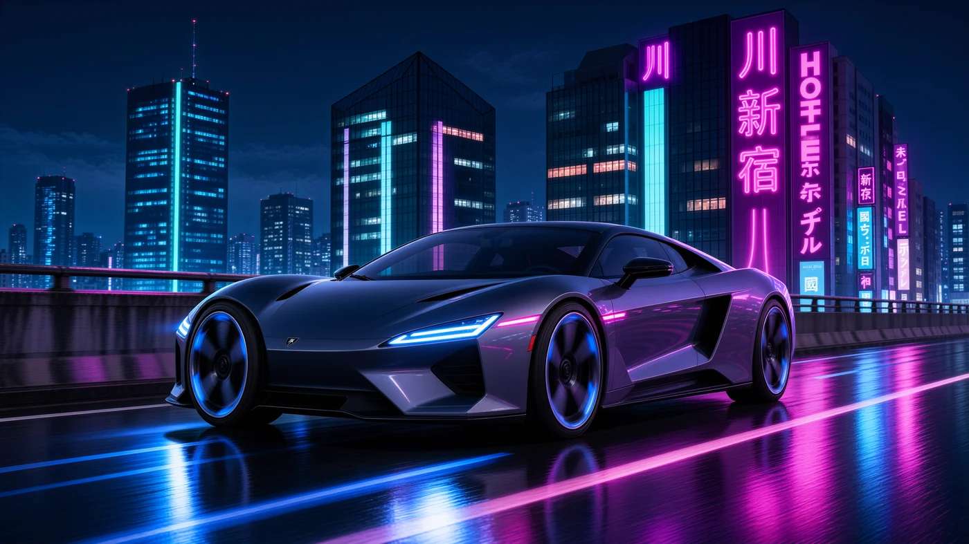 Cinematic render of a sleek futuristic sports car on a neon-lit city street at night, generated with the Ming Image API