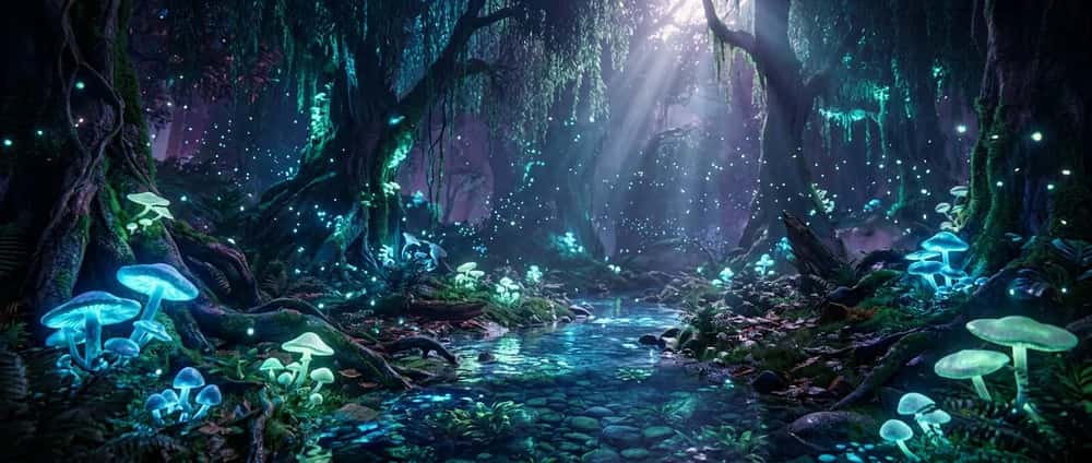 A bioluminescent forest generated at high resolution with the Nano Banana 2.1 API