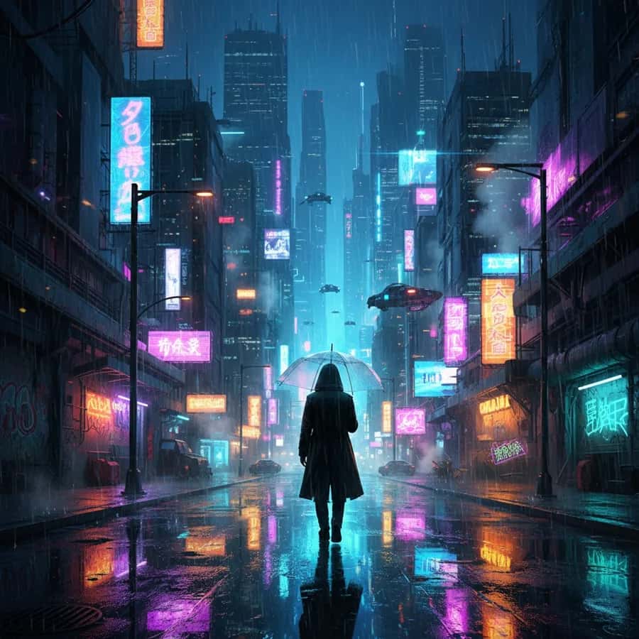 Cyberpunk neon city street in the rain with glowing signs, created with the Pixazo AI image generator