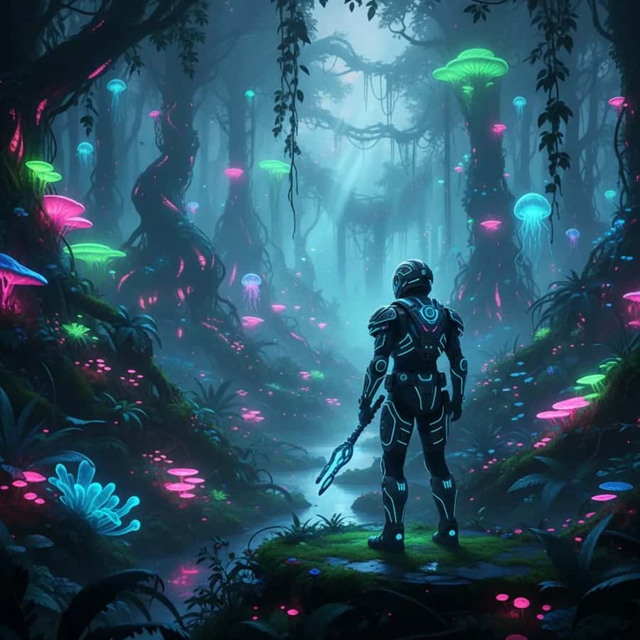 Cinematic sci-fi explorer in a neon bioluminescent forest, created with the Pixazo AI image generator