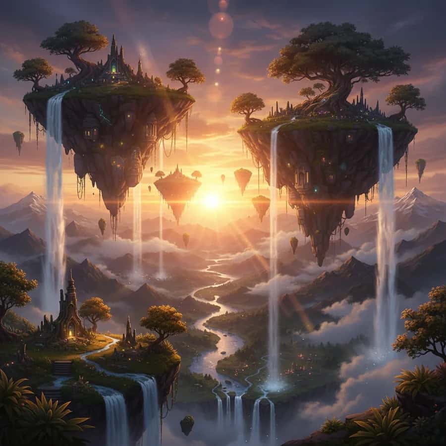 Fantasy floating islands with waterfalls at golden-hour sunset, created with the Pixazo AI image generator