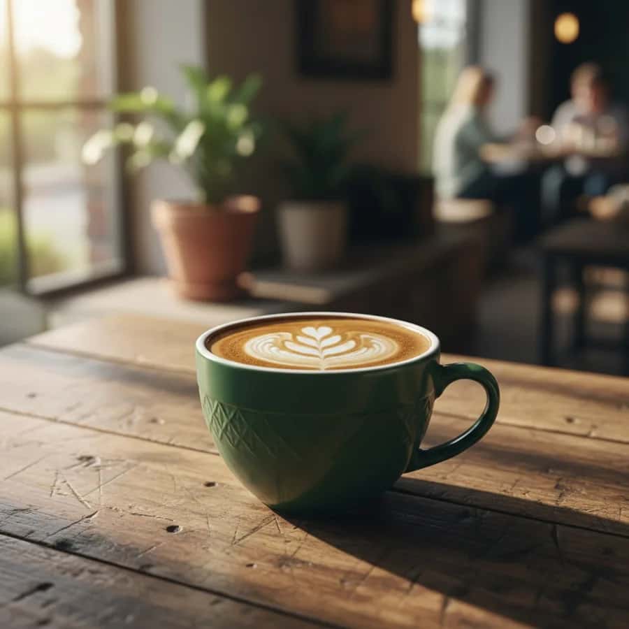 Photorealistic latte-art coffee mug on a wooden cafe table, created with the Pixazo AI image generator
