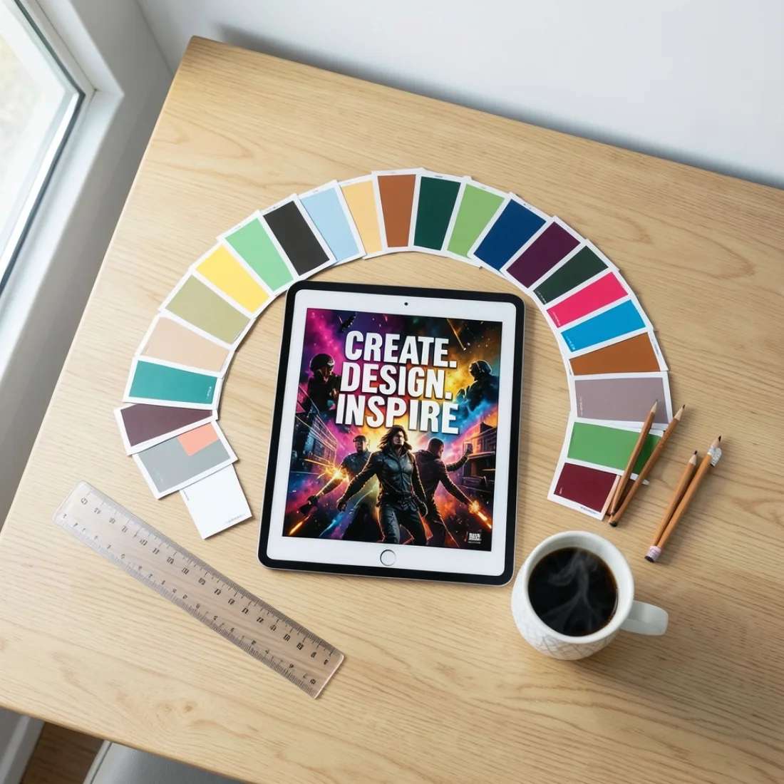 An overhead view of a poster being designed on a tablet with colour swatches, rulers and pencils