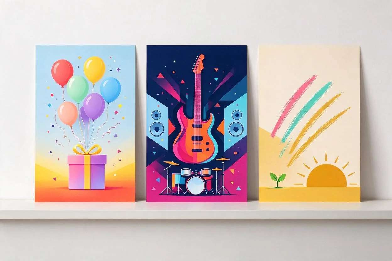 Posters for a birthday, a music event and a motivational quote, made with Pixazo AI