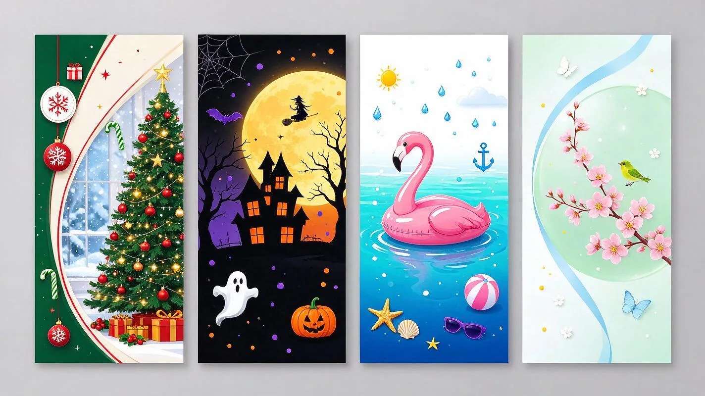 Seasonal posters for Christmas, Halloween, summer and spring, made with Pixazo AI