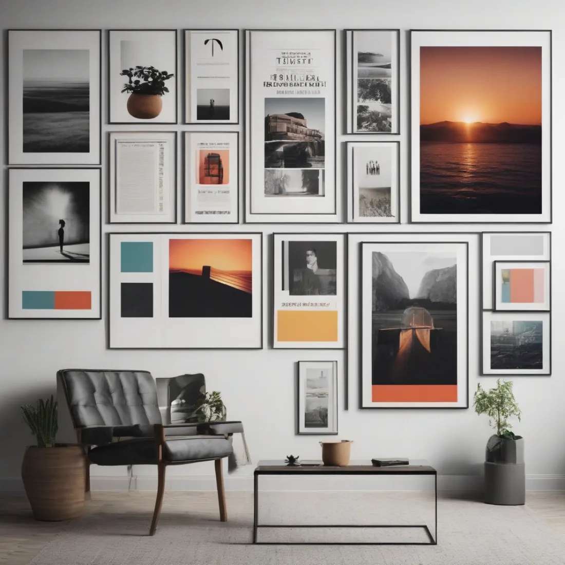 A gallery wall of posters in different sizes, showing print poster size options