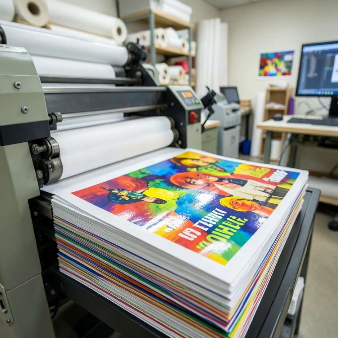 Freshly printed colourful posters stacked at a large-format printer in a print shop