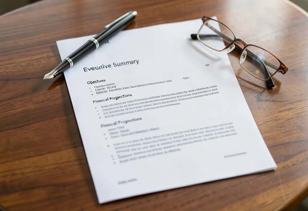 A clean business proposal document with a pen and glasses on a desk