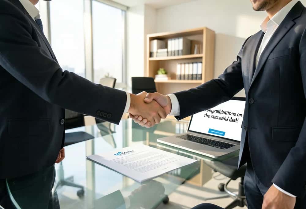 Two business people shaking hands after agreeing a deal