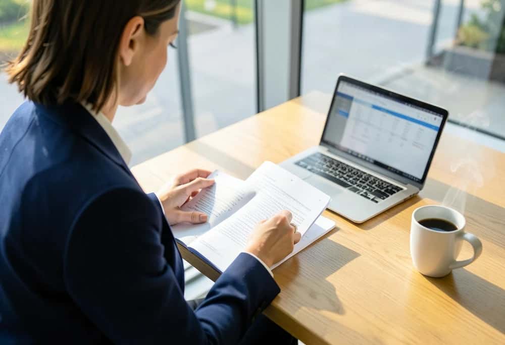 A professional reviewing a printed business proposal at a desk
