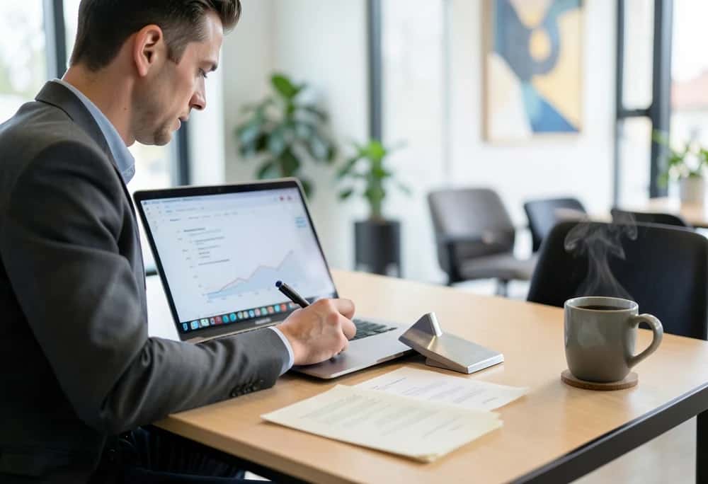 A professional writing a business proposal at a desk