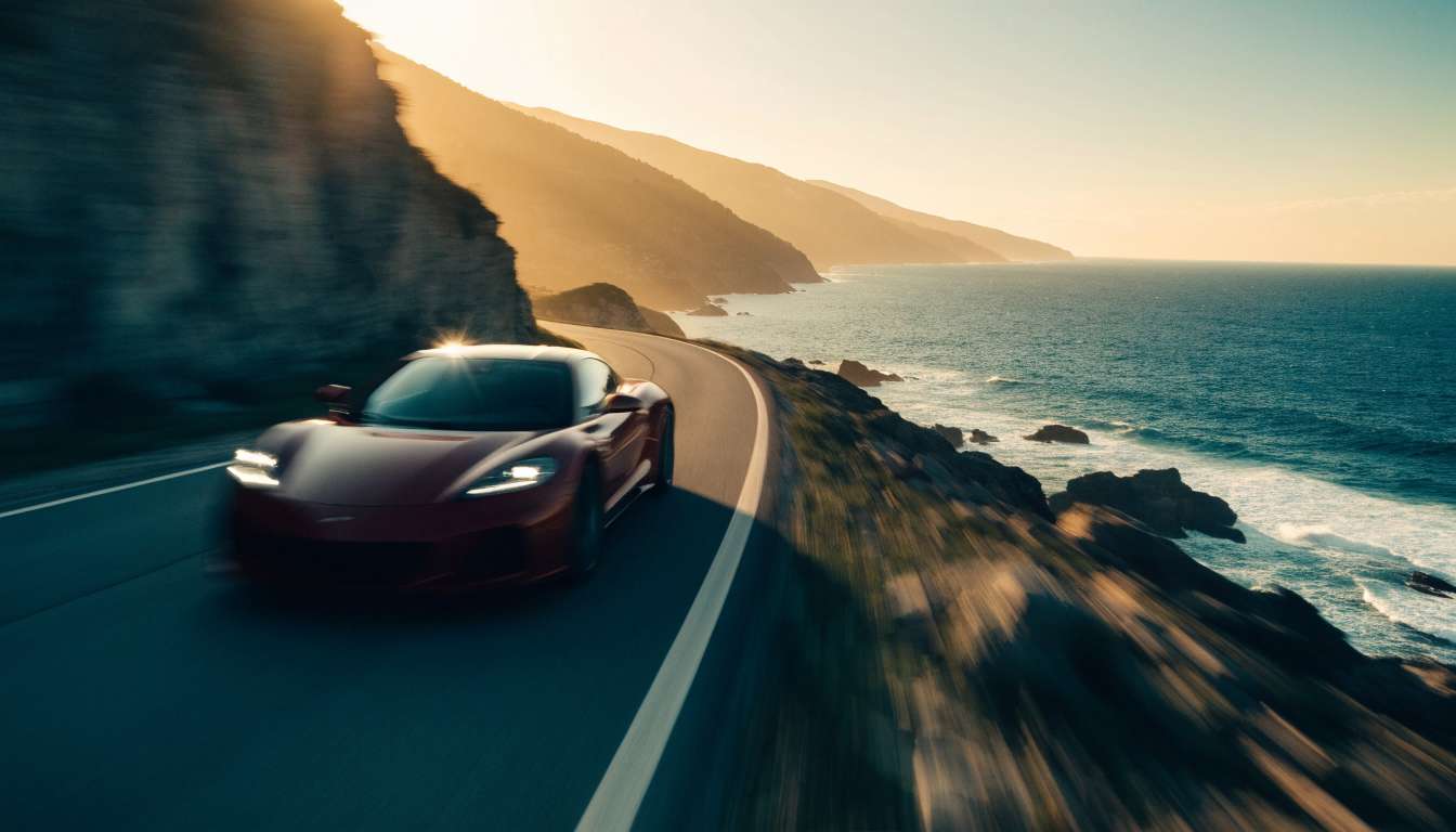 Photorealistic cinematic sports car speeding along a coastal cliff road at golden hour, generated with the Recraft V4.1 Flash API