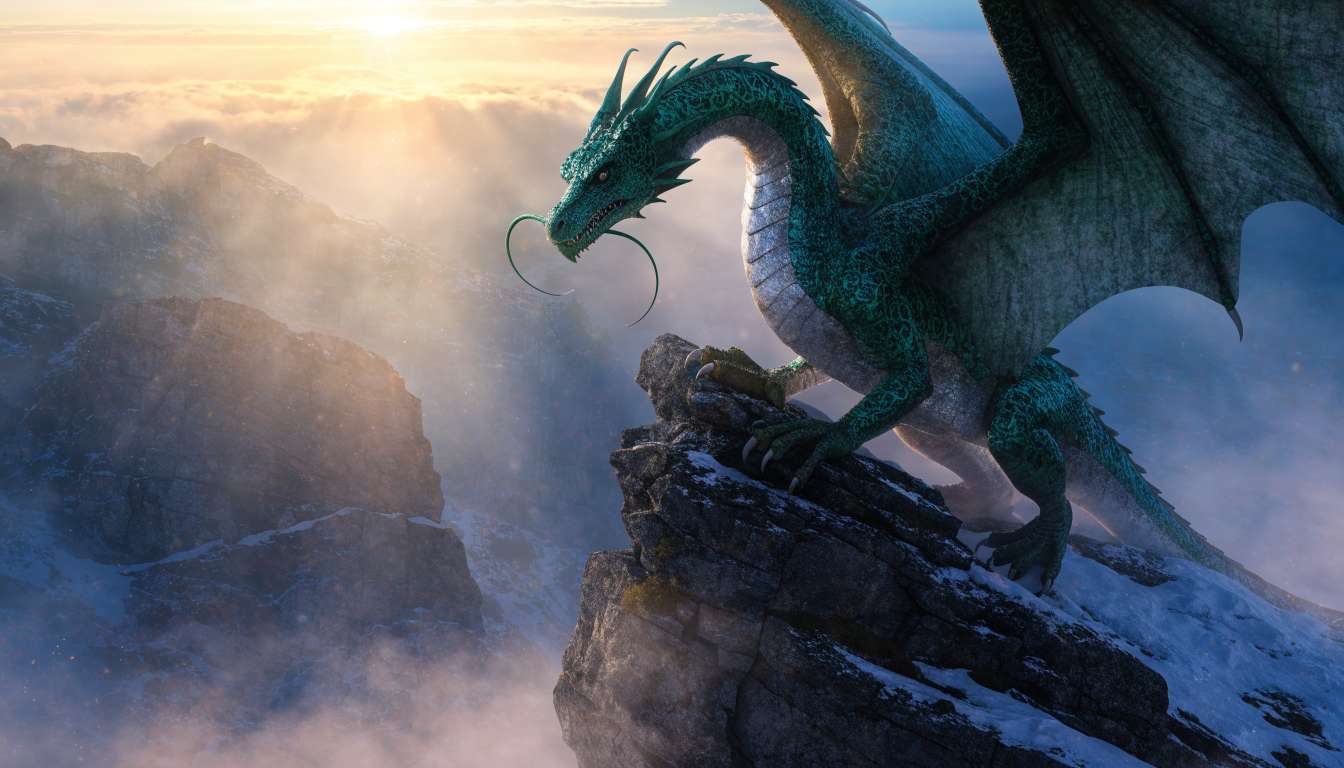 Cinematic emerald dragon perched on a misty mountain cliff at sunrise, generated with the Recraft V4.1 Flash API