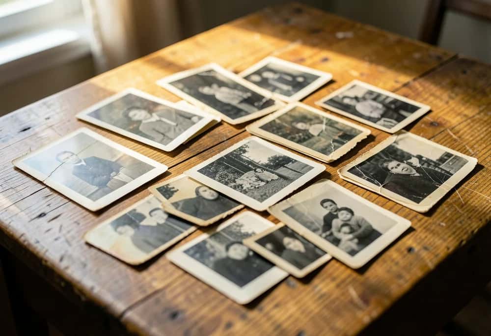 A pile of faded, scratched and torn old family photographs on a table
