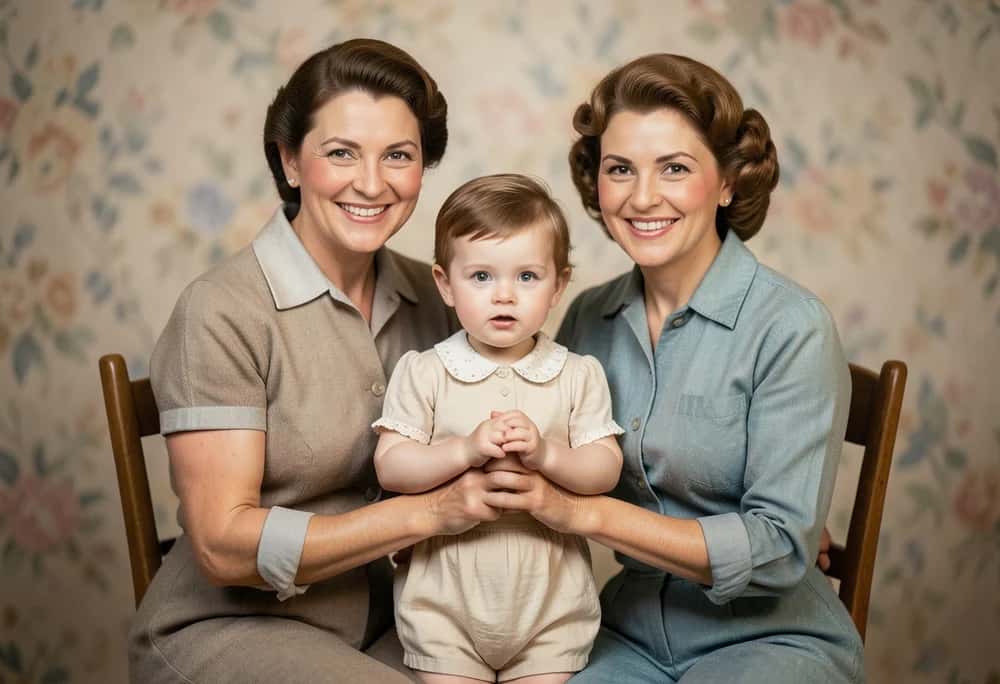 A vintage family portrait fully restored to sharp, vivid natural colour