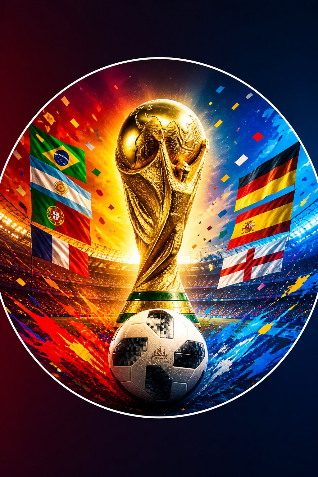 مهاجم يرتدي طقمًا وطنيًا بخطوط رأسية باللونين الأزرق الفاتح والأبيض يرفع كأسًا ذهبية تحت أضواء الملعب الليلية — تصميم صورة ملف شخصي لكأس العالم FIFA بالذكاء الاصطناعي تم إنشاؤه باستخدام Pixazo