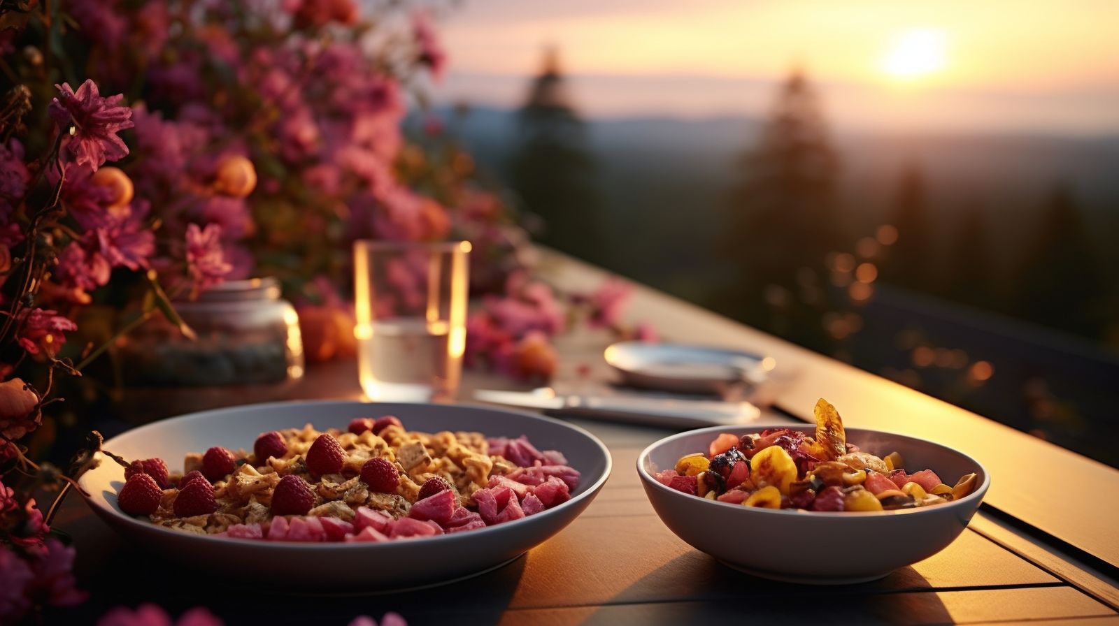 AI-generated sunset table setting with two bowls of grain and berry food, blossom and a lit candle