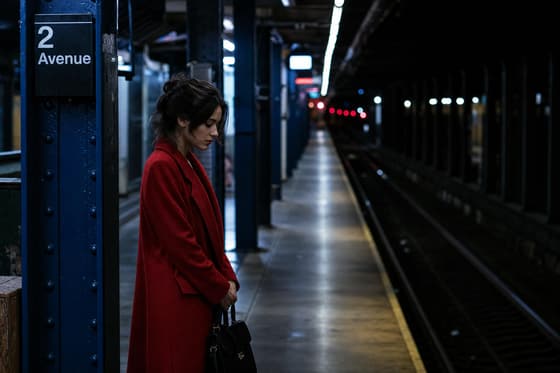 Still: a young woman in a red coat alone on a dimly lit subway platform at night.