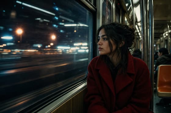 Still: the woman seated by the train window, city lights streaking past outside.
