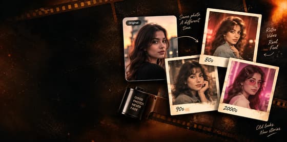 The same portrait four ways: the photo as uploaded, then restyled as an 80s, a 90s and a 2000s print, laid out on film strips beside a 35mm canister.