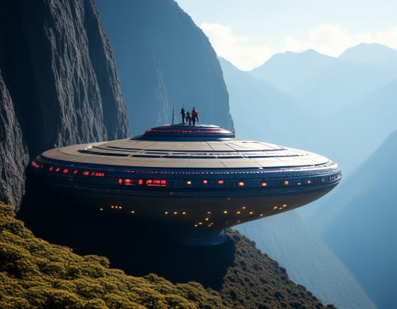 AI-generated flying saucer hovering in a green mountain gorge with two small figures on its hull