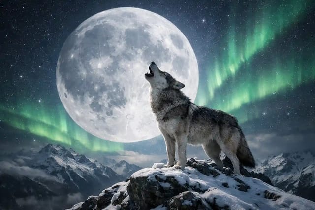 Wolf howling on snowy peak under moon and aurora — source image for Pixazo AI video generation