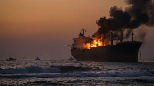 Cargo Ship Ablaze at Sea