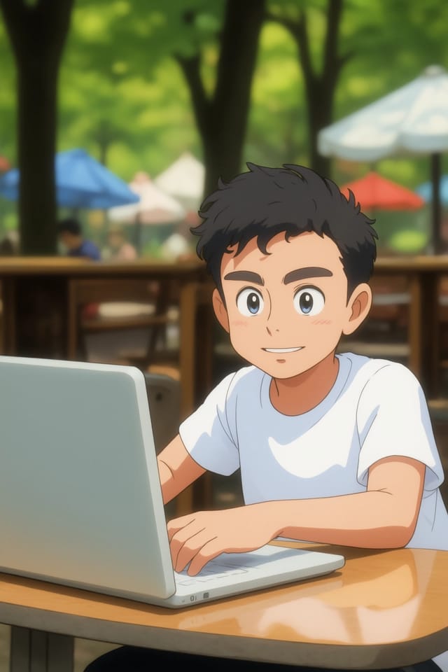 a boy sitting at a table with a laptop