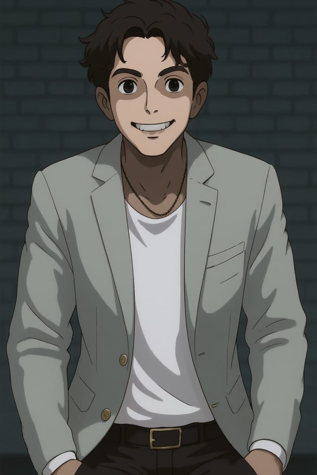 a man in a suit sitting on a chair