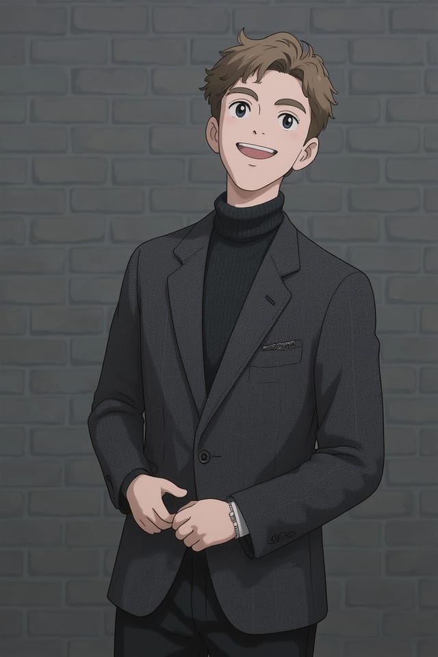 a man in a suit standing in front of a brick wall