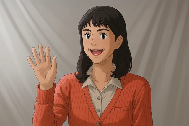 a woman in a red sweater is waving