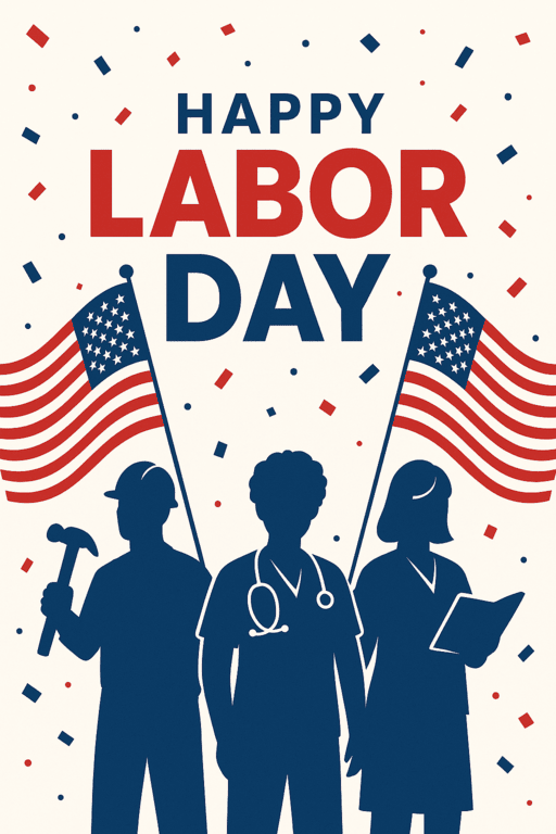 A bold U.S. Labor Day poster design featuring American flags, red-white-blue color palette, workers’ silhouettes (construction, healthcare, teachers), bold typography saying “Happy Labor Day”, clean white background with confetti, modern vector style.