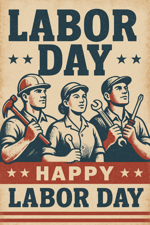 A retro vintage Labor Day poster with distressed textures, classic typography, stars and stripes motifs, illustrations of workers holding tools, faded red and blue tones, nostalgic 1950s style design