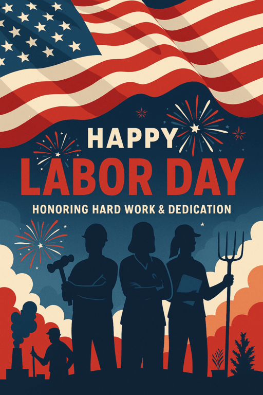 A bold U.S. Labor Day poster featuring waving American flag, silhouettes of workers (construction, healthcare, teaching, farming) standing proudly, fireworks in the sky. Text: Happy Labor Day – Honoring Hard Work & Dedication