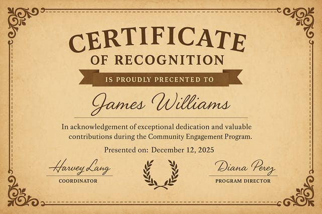 Vintage Certificate of Recognition – parchment background, brown flourishes, laurel wreath, and classic serif layout