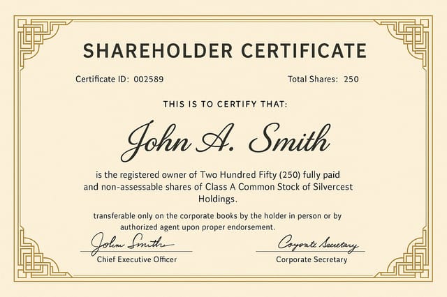 Silvercrest Holdings Shareholder Certificate – cream and gold art-deco stock certificate with elegant typography